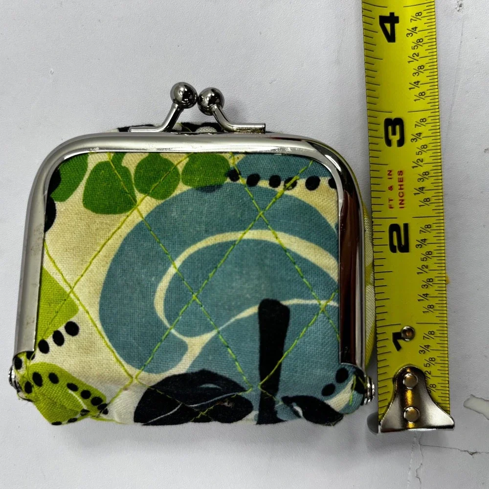 Vera Bradley Quilted Floral Coin Purse Kiss Lock Green Blue Mirror Small Pouch - Picture 6 of 6
